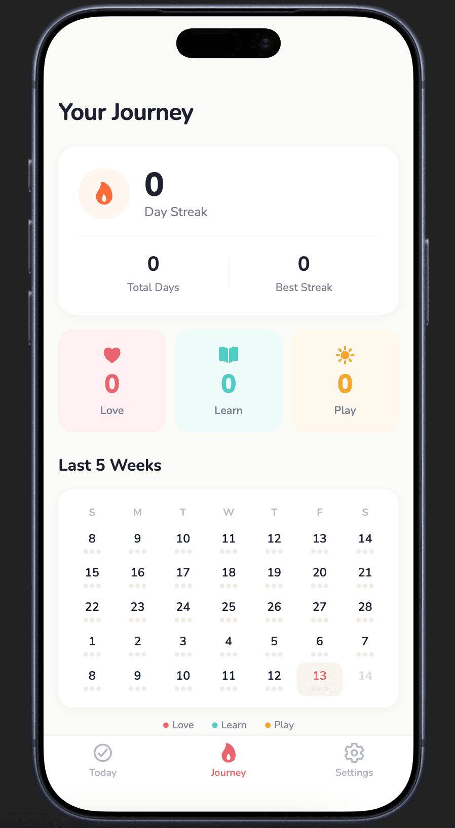 Love Learn Play app — Journey screen showing day streak, pillar totals, and a five-week calendar