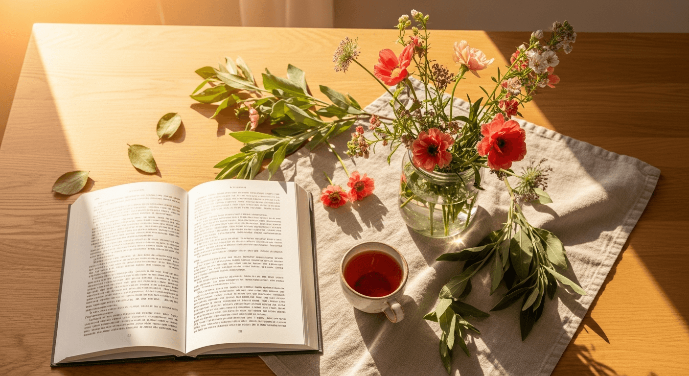 An open book, a cup of tea, and fresh wildflowers on a sunlit wooden table — the quiet setting of love, learning, and play.